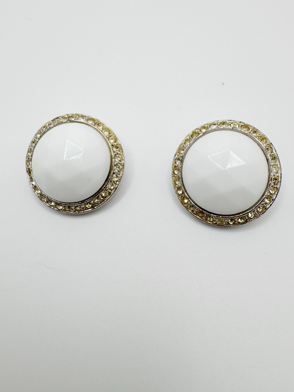 Bergere Vintage White Faceted Milk Glass Crystal-Trim Button Clip-On Earrings